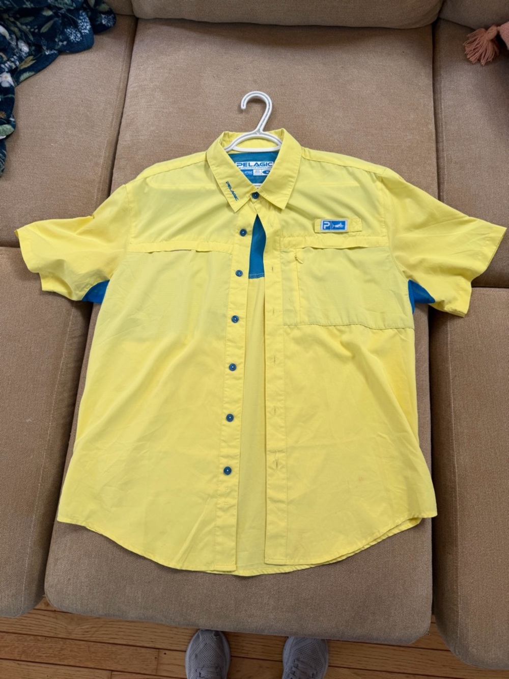 Pelagic Yellow Short-Sleeve Button-Up Shirt with Blue Accents